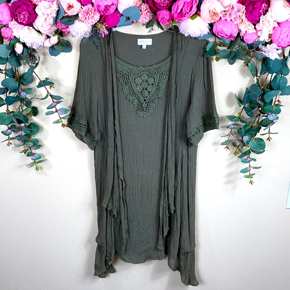 •apricot• {Sage Green} Crepe Dress w/ [Crochet] chest & sleeve detail Tie Waist